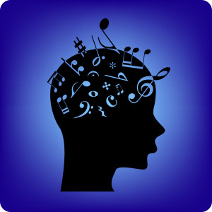 Musical notes spilling out from the brain. Musical notes are fonts from free database.